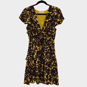A.L.C 100% Silk Mini Dress Women Size 6 Purple Yellow Floral Ruffle EUC